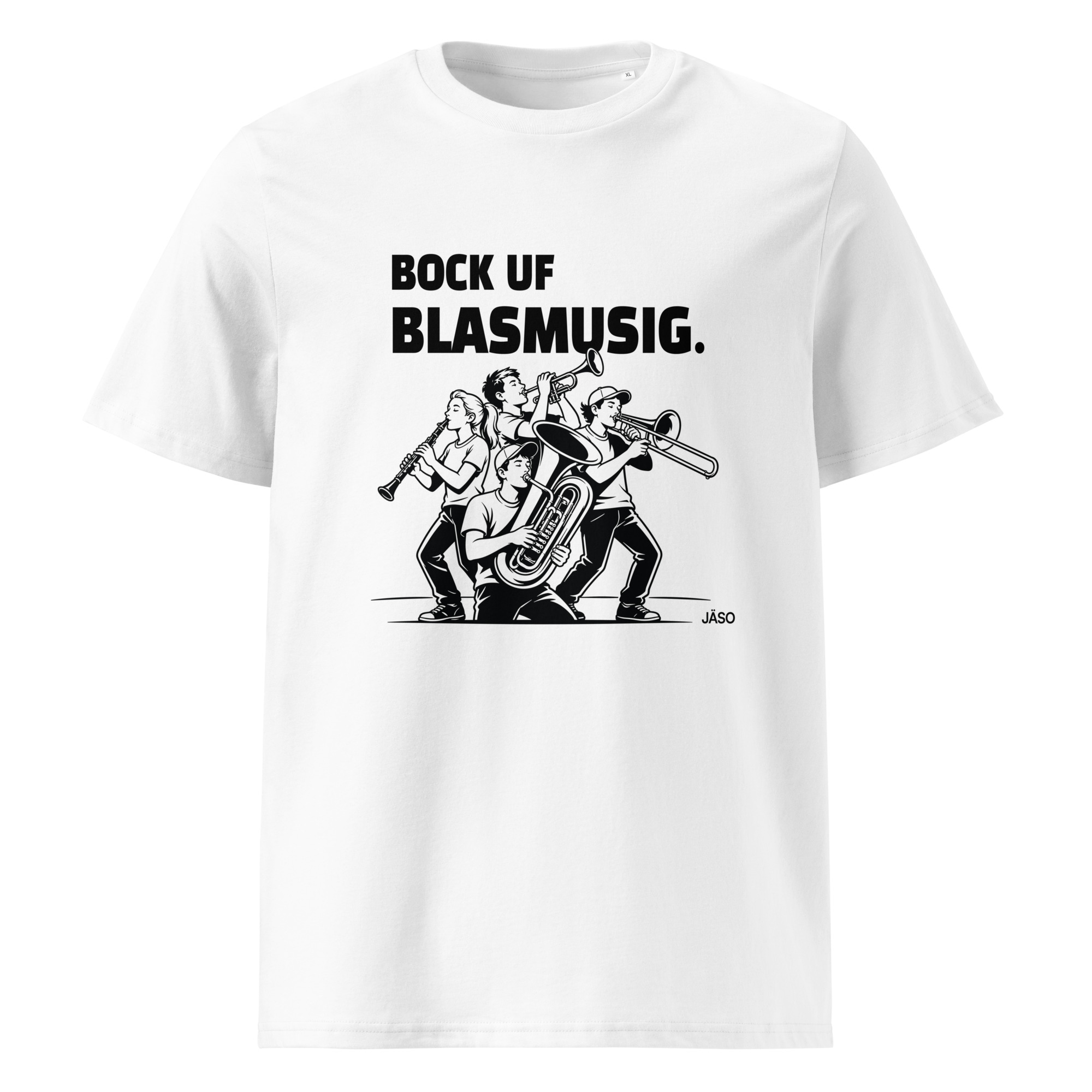 JÄSO Shirt – Bock uf Blasmusig – Weiss